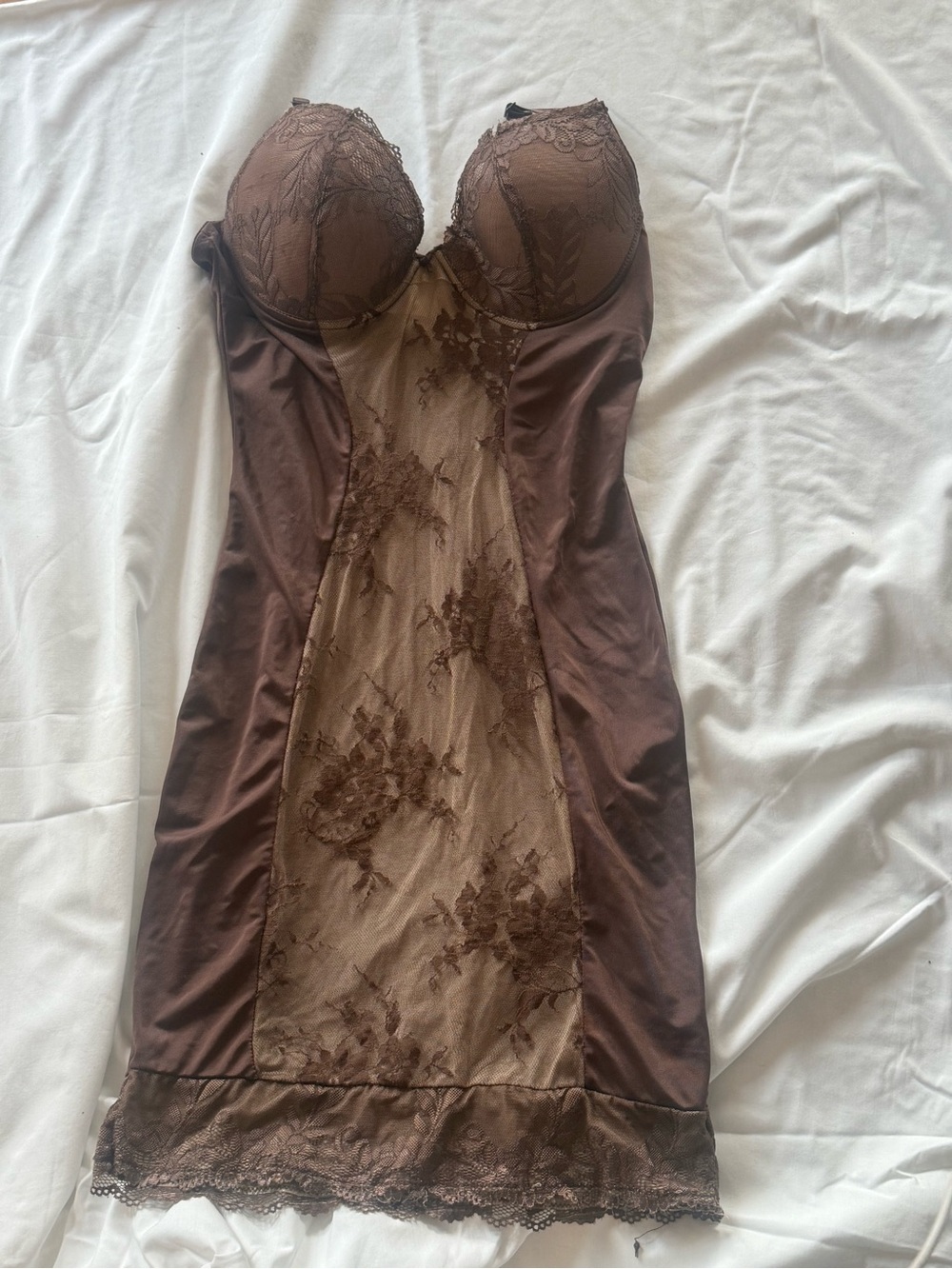 Satin & Lace Brown Shaping Chemise with Built-In Cups